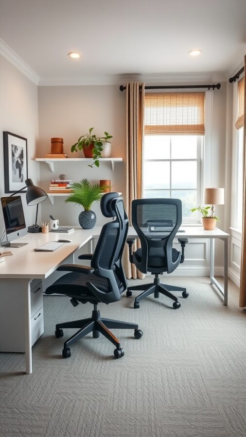23 Creative Home Office Ideas for Shared Workspaces 8 A bright home office featuring two ergonomic desks and chairs, with plants and natural light.