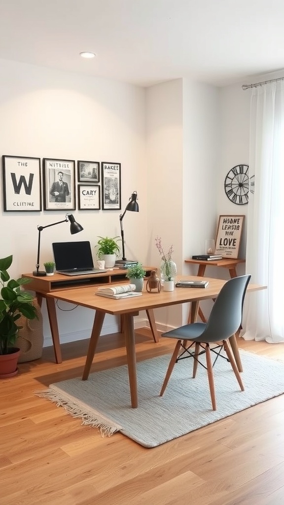 19 Inspiring Home Office Ideas You Need to Try 7 A modern home office setup featuring a wooden desk, a chair, and decorative elements.