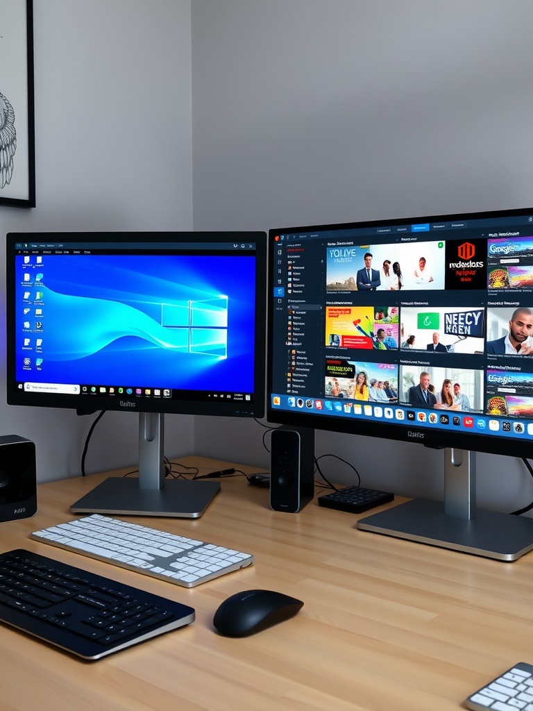 30 Inspiring Home Office Ideas for Remote Work Success 8 A dual monitor setup with one screen showing a desktop and the other displaying various applications.