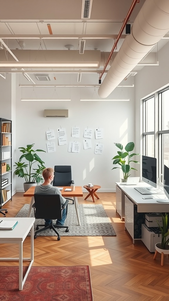 15 Inspiring Home Office Ideas to Match Every Personality 16 A modern home office with a large desk, comfortable seating, plants, and a whiteboard for collaboration.