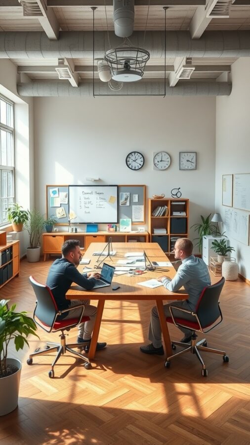 25 Stylish Home Office Ideas to Reflect Your Personality 23 A bright home office with two people collaborating at a large wooden table, laptops open, surrounded by plants and a whiteboard.
