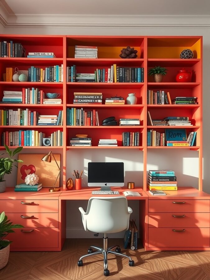 16 Vibrant Home Office Ideas to Brighten Your Workspace 7 A vibrant orange shelving unit filled with books and decorative items in a home office setting.