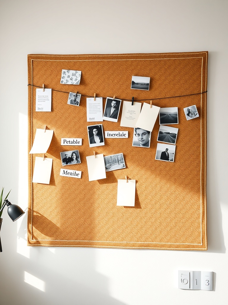 20 Creative and Affordable Home Office Ideas for Any Budget 13 A bulletin board with a textured orange background displaying photos and notes clipped with clothespins.
