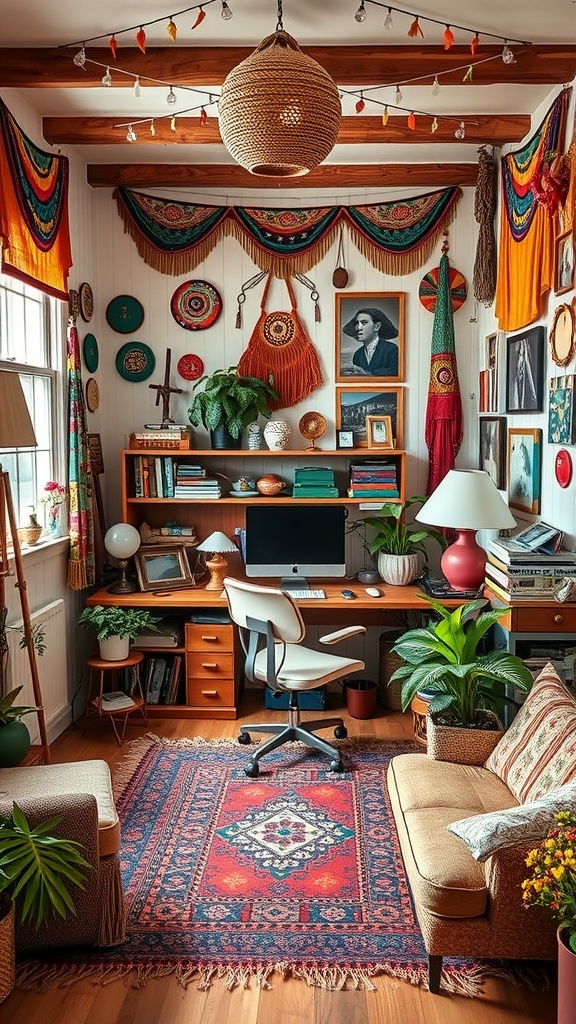 15 Inspiring Home Office Ideas to Match Every Personality 14 A cozy eclectic bohemian workspace featuring colorful decor, plants, and a wooden desk.