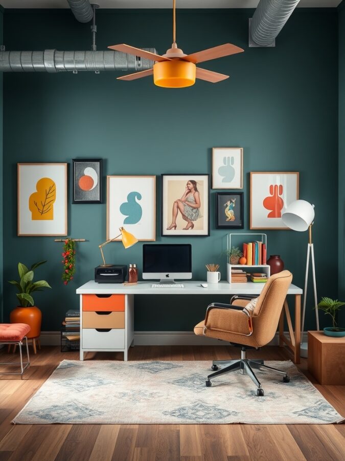 16 Vibrant Home Office Ideas to Brighten Your Workspace 18 A colorful home office featuring teal walls, eclectic artwork, and vibrant furniture.