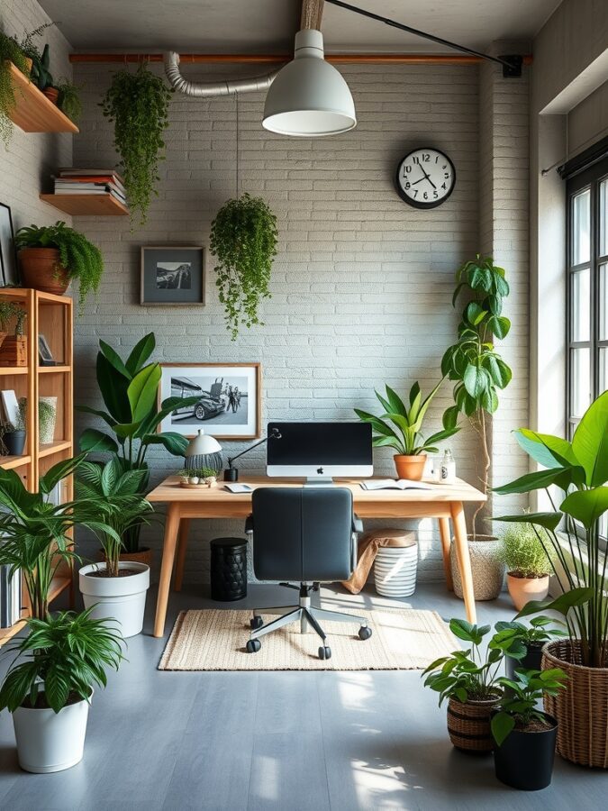 19 Inspiring Home Office Ideas with Industrial Flair 19 A stylish home office featuring a wooden desk, plants, and industrial decor.