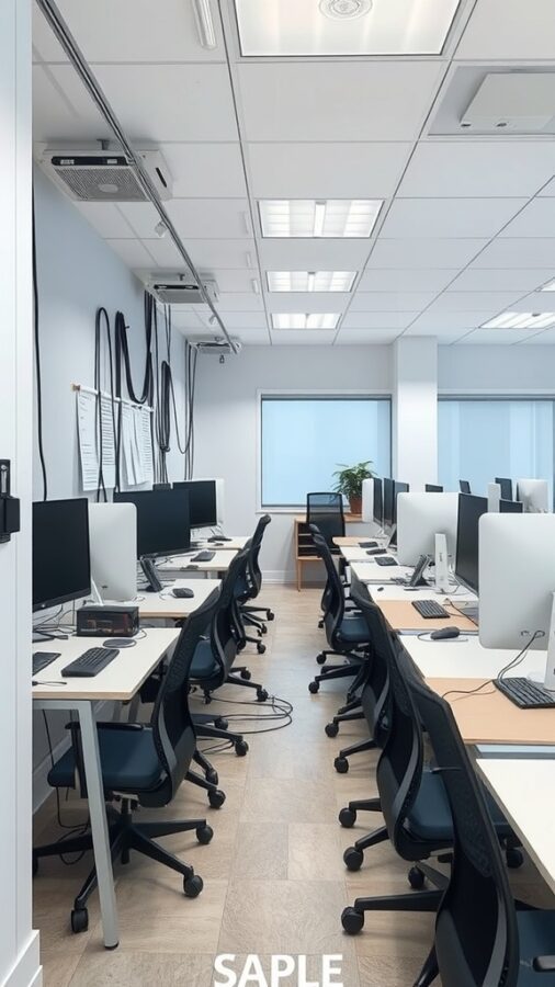 23 Creative Home Office Ideas for Shared Workspaces 19 A modern shared office space with organized workstations and neatly managed cables.