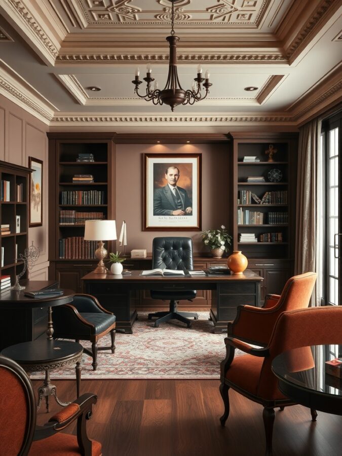 15 Inspiring Home Office Ideas for a Productive Workspace 17 A sophisticated home office featuring dark wood furniture, a plush chair, bookshelves, and elegant decor.