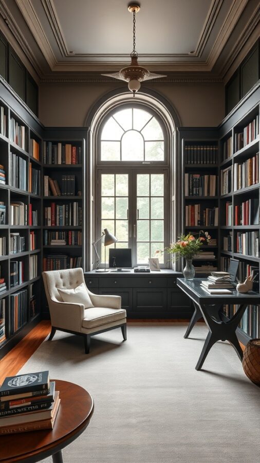 25 Stylish Home Office Ideas to Reflect Your Personality 25 A cozy home office with dark wooden bookshelves filled with books, a comfortable armchair, a stylish desk, and a large window letting in natural light.