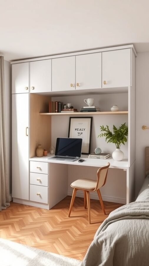 21 Smart Home Office Ideas That Also Make Cozy Guest Rooms 11 A stylish Murphy desk design with white cabinetry, a wooden accent, and a cozy chair in a home office setting.