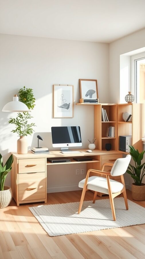 25 Stylish Home Office Ideas to Reflect Your Personality 8 A Scandinavian inspired home office with light wood furniture, a computer on the desk, and potted plants.