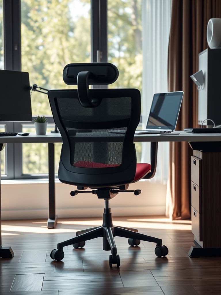 30 Inspiring Home Office Ideas for Remote Work Success 9 A modern ergonomic chair with a mesh back and headrest in a home office setting.