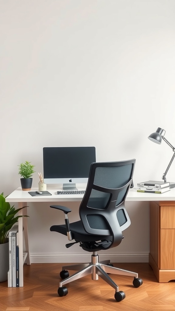 19 Inspiring Home Office Ideas You Need to Try 14 A modern ergonomic office setup featuring a stylish chair, desk, and computer.
