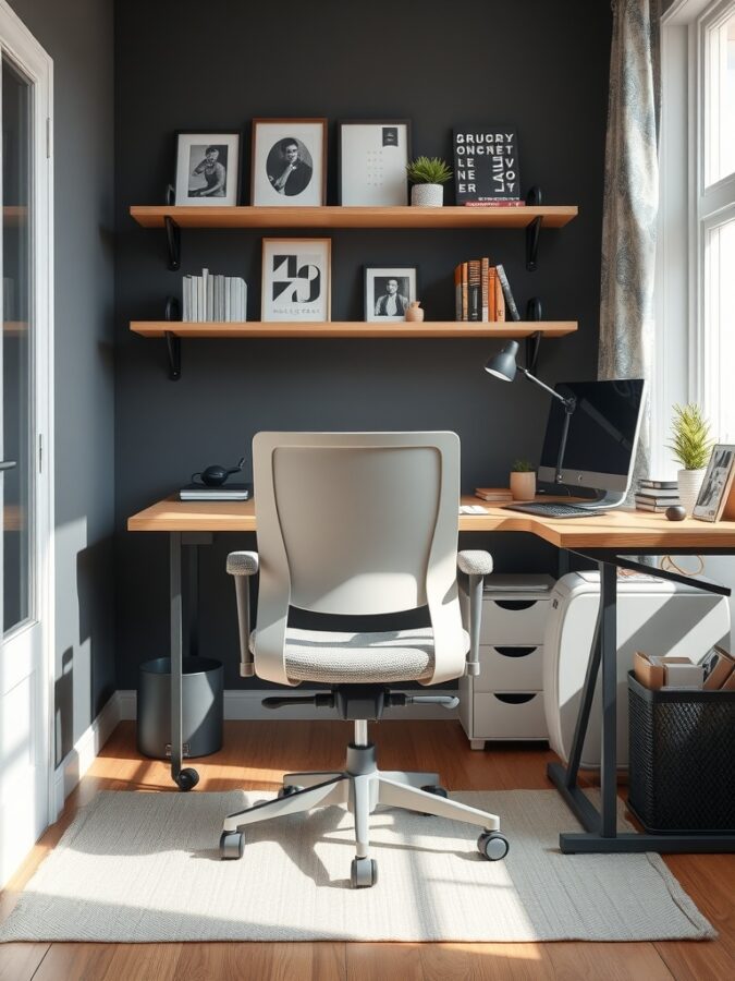 26 Cozy Home Office Ideas for Ultimate Comfort 5 A modern ergonomic desk chair in a stylish home office setup with dark walls and wooden shelves.