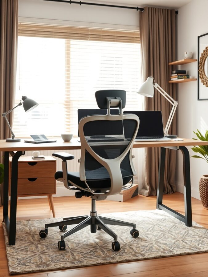 21 Inspiring Home Office Ideas for Creative Minds 9 A modern ergonomic office setup featuring a comfortable chair and spacious desk with good lighting.