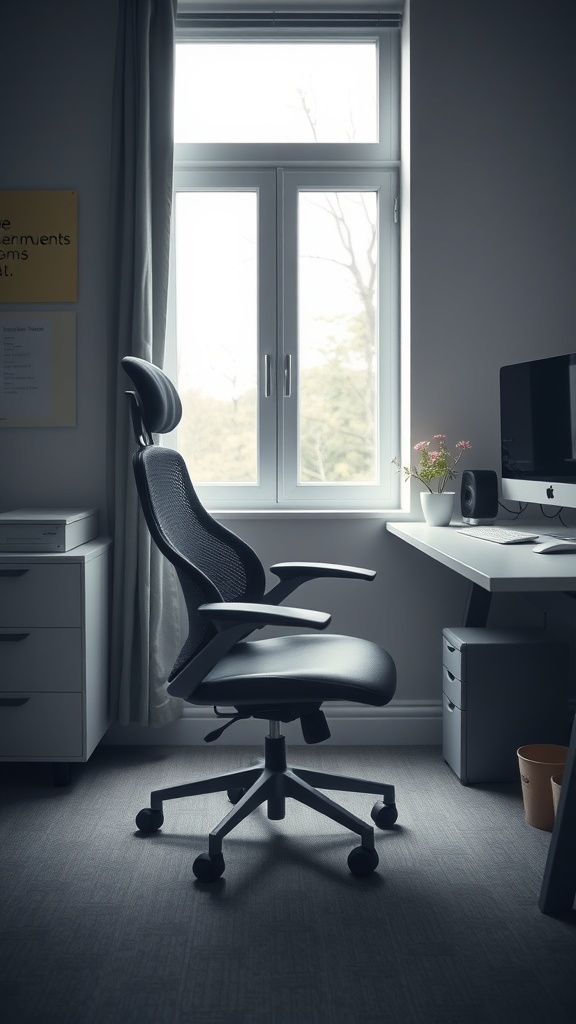 20 Minimalist Home Office Ideas for a Clutter-Free Workspace 5 A modern ergonomic chair in a minimalist home office setting