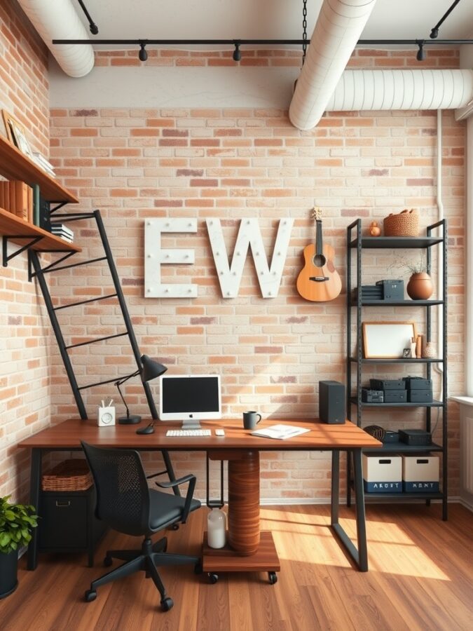 19 Inspiring Home Office Ideas with Industrial Flair 5 A stylish home office featuring exposed brick walls, a wooden desk, and modern decor.