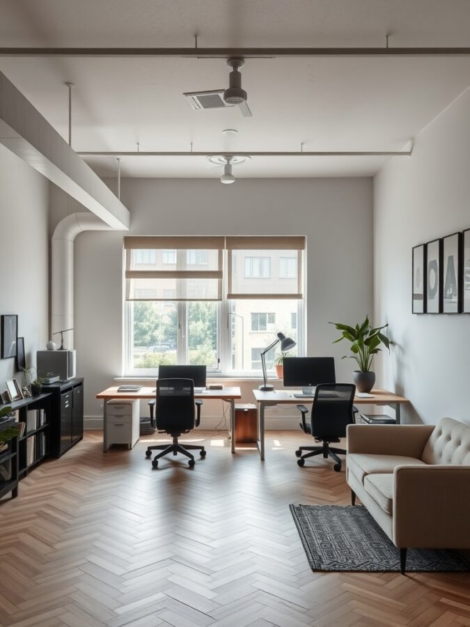 19 Stunning Home Office Ideas to Make a Bold Statement 17 A spacious home office with two desks, a couch, and large windows, designed for collaboration.