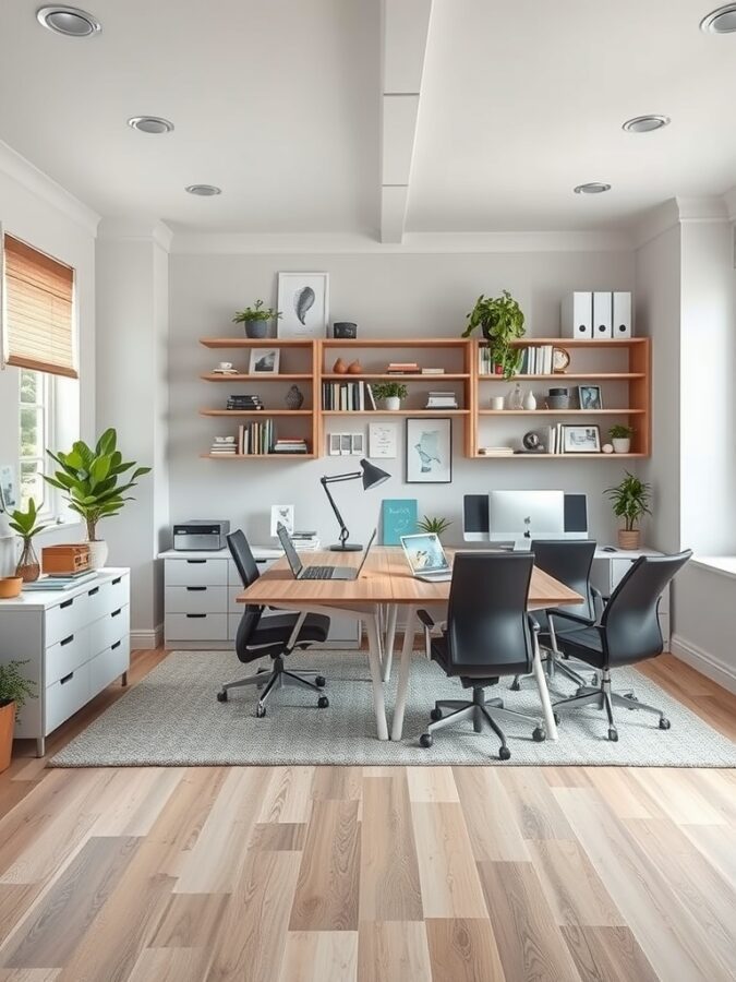21 Inspiring Home Office Ideas for Creative Minds 14 A modern home office with a central table, black chairs, and organized shelves, designed for collaboration.