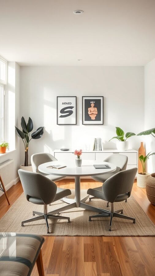 23 Creative Home Office Ideas for Shared Workspaces 12 A bright and inviting flexible meeting space with a round table and comfortable chairs, surrounded by plants and artwork.