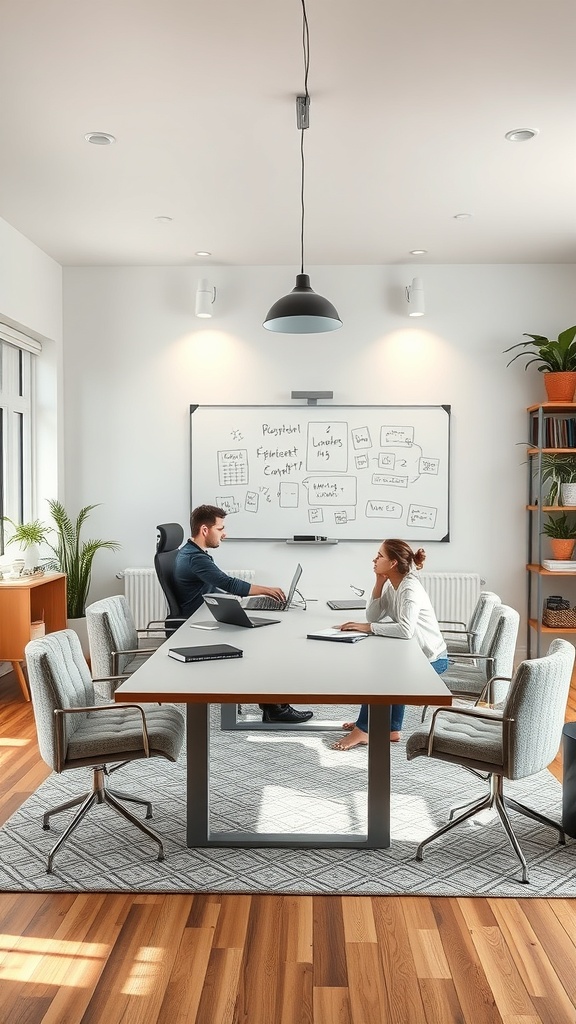 21 Creative Home Office Ideas to Boost Your Productivity 15 Two people collaborating in a modern office space with a whiteboard and plants.