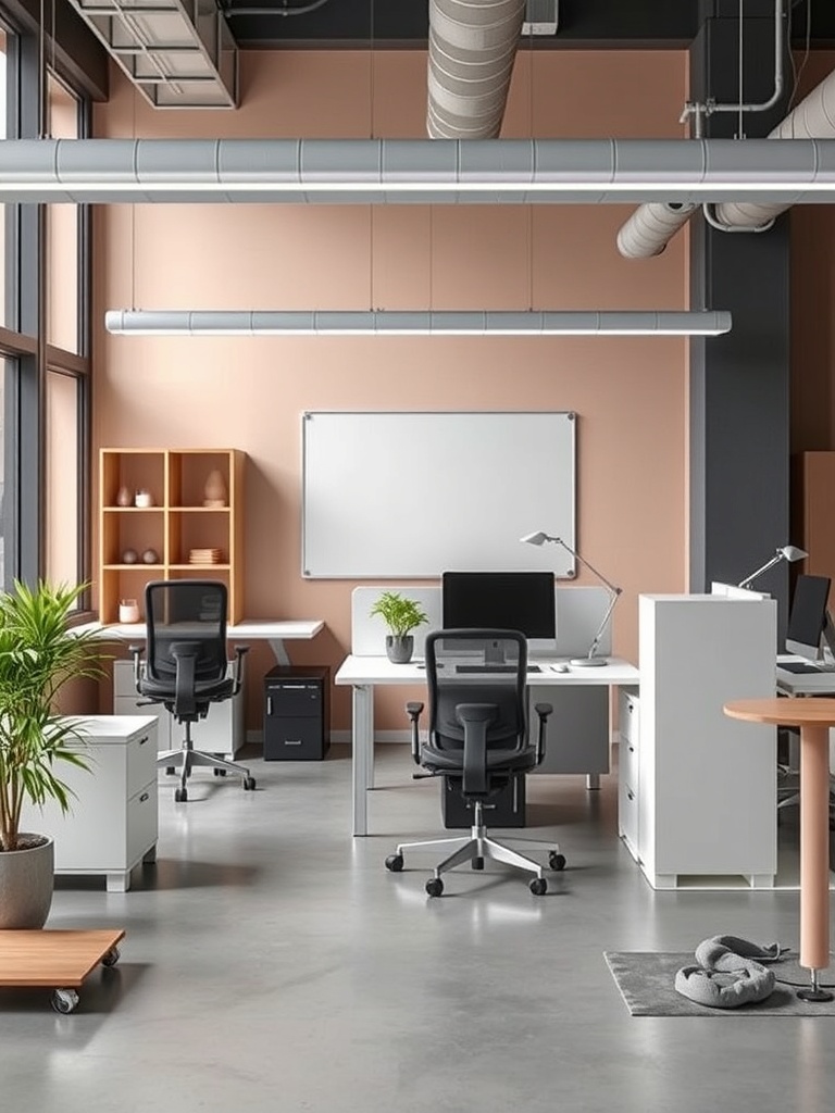30 Inspiring Home Office Ideas for Remote Work Success 14 A modern office space featuring ergonomic chairs, spacious desks, and plants, designed for flexible work.