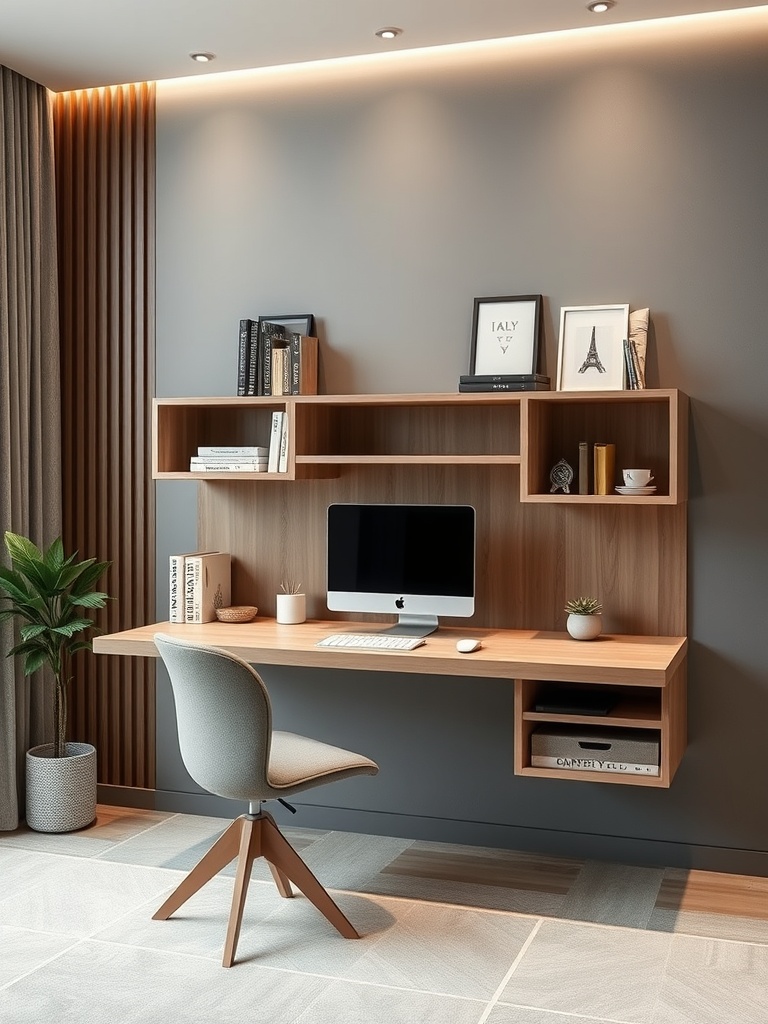 25 Smart Storage Solutions for a Stylish Home Office 10 A modern floating desk with built-in storage, featuring a computer, books, and decorative items.