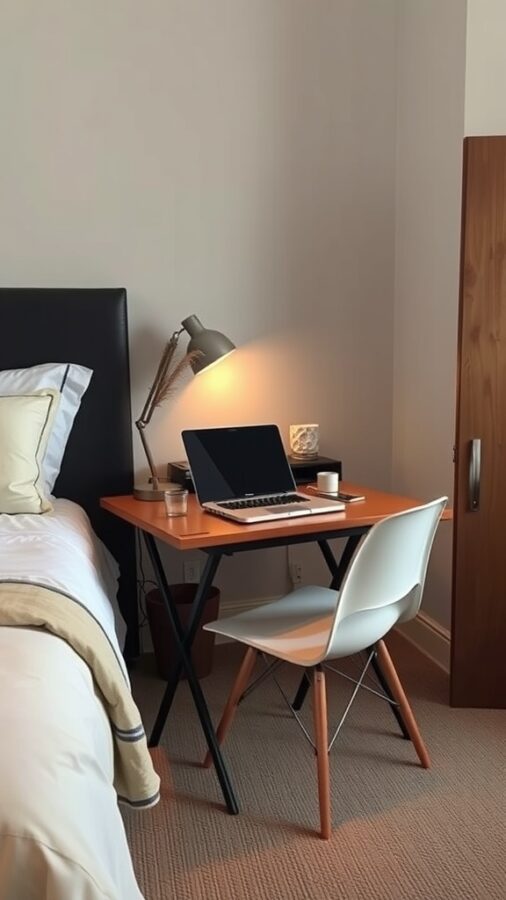 21 Smart Home Office Ideas That Also Make Cozy Guest Rooms 7 A compact folding desk with a laptop, next to a bed in a cozy room