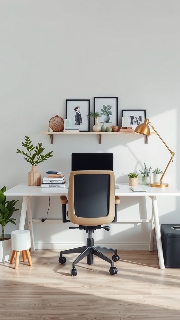 21 Creative Home Office Ideas to Boost Your Productivity 3 A stylish and functional home office desk arrangement with a white desk, comfortable chair, and decorative elements.