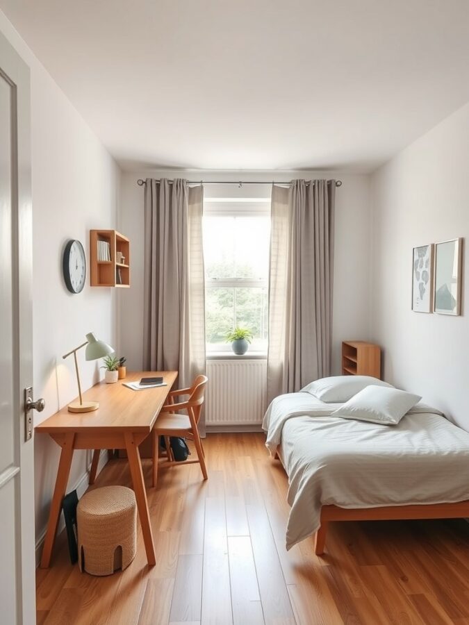 15 Inspiring Home Office Ideas for a Productive Workspace 9 A cozy dual-purpose room featuring a desk, chair, bed, and natural light from a window.