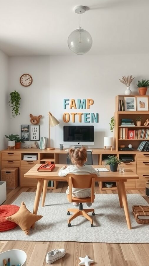 25 Stylish Home Office Ideas to Reflect Your Personality 14 A cozy home office with a wooden desk, colorful wall letters, and a comfortable chair, designed for family use.