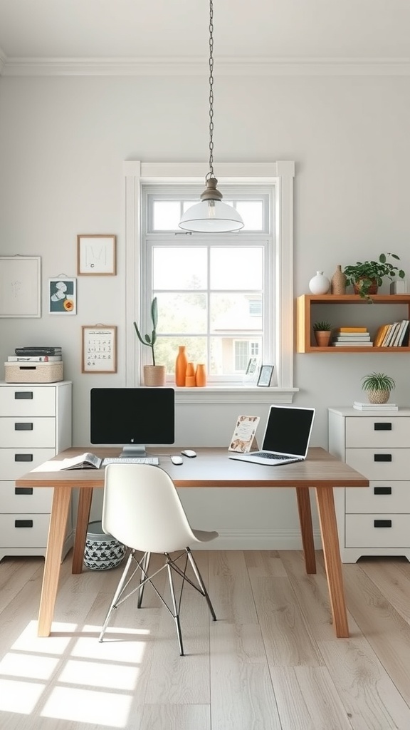 15 Inspiring Home Office Ideas to Match Every Personality 11 A bright home office with a wooden desk, two computers, a white chair, and plants by the window.