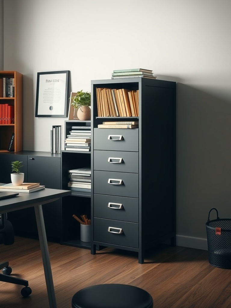 30 Inspiring Home Office Ideas for Remote Work Success 24 A modern home office featuring a sleek filing cabinet and a bookshelf with books and plants.