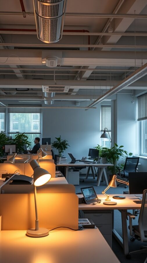 23 Creative Home Office Ideas for Shared Workspaces 16 A modern shared office space with various lighting solutions, including desk lamps and natural light from windows.