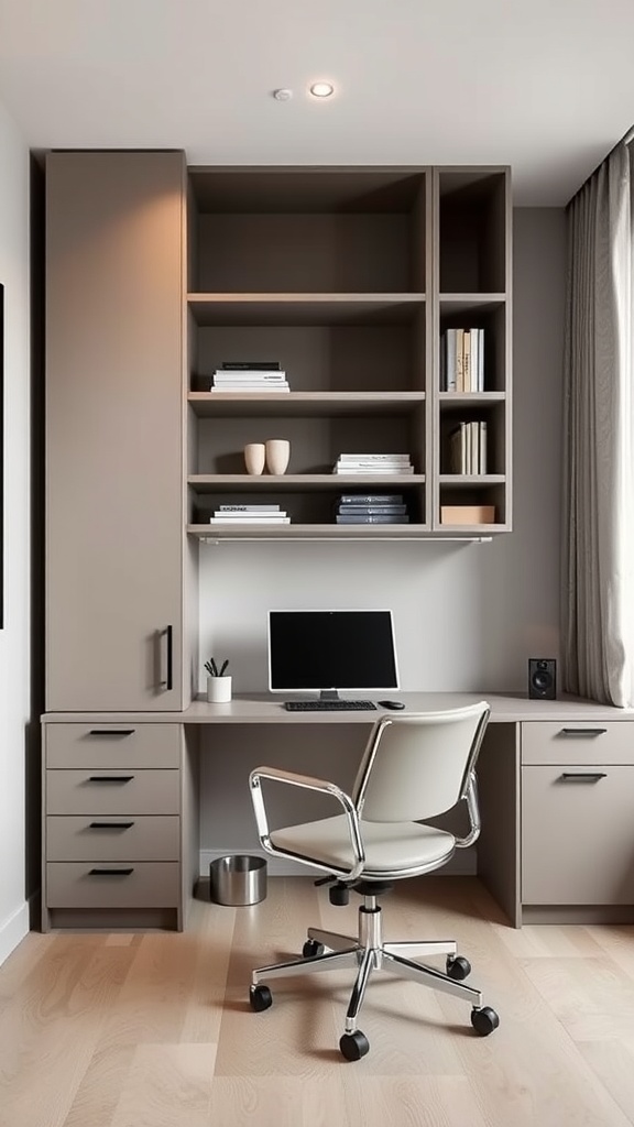 20 Minimalist Home Office Ideas for a Clutter-Free Workspace 9 A minimalist home office featuring a desk with storage drawers and shelves above, showcasing a clean and organized workspace.