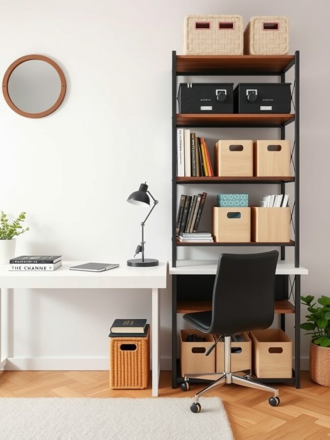 26 Cozy Home Office Ideas for Ultimate Comfort 12 A modern home office setup featuring a desk, a chair, and a tall shelving unit with various storage boxes and books.
