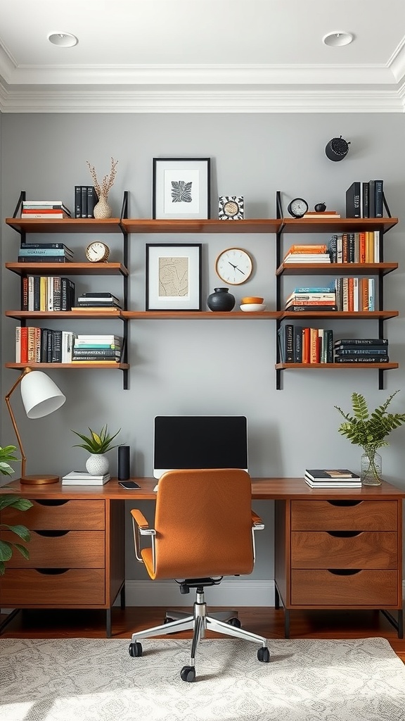19 Inspiring Home Office Ideas You Need to Try 5 A modern home office featuring functional wall shelves with books, decor, and a desk.