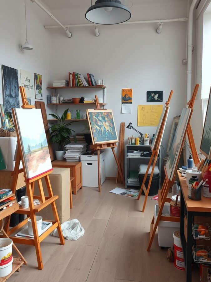 21 Inspiring Home Office Ideas for Creative Minds 4 A bright artist's studio with easels, canvases, and art supplies organized on shelves.
