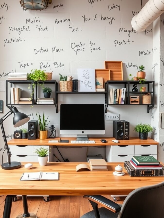 19 Inspiring Home Office Ideas with Industrial Flair 14 A stylish home office featuring a wooden desk, computer, plants, and a wall with handwritten notes.