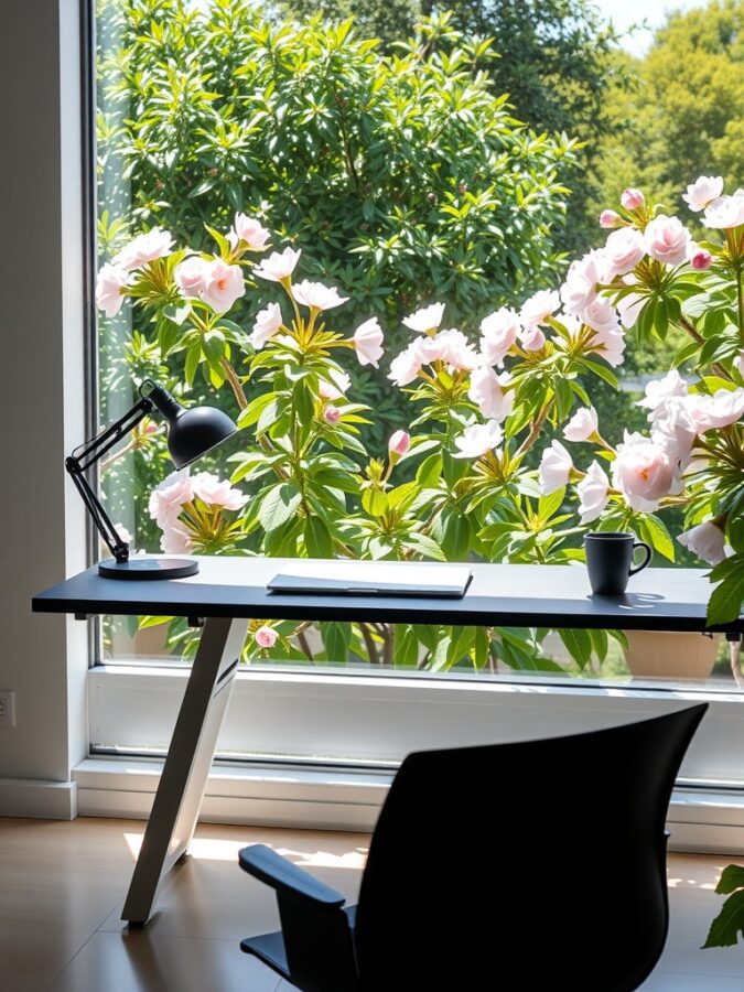 13 Inspiring Home Office Ideas with Stunning Views 10 A modern desk setup with a view of a garden filled with pink flowers and greenery.
