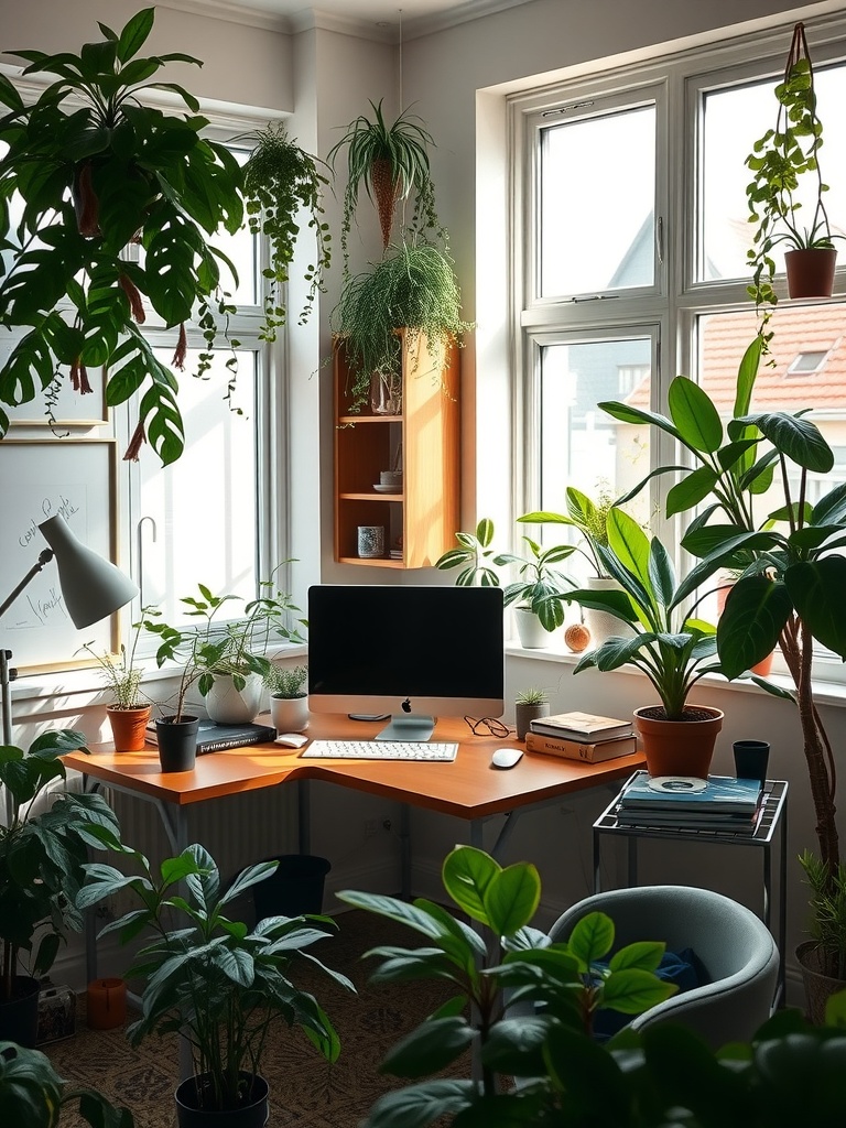 30 Inspiring Home Office Ideas for Remote Work Success 6 A cozy home office with a wooden desk surrounded by various indoor plants, a computer, and natural light coming through the windows.