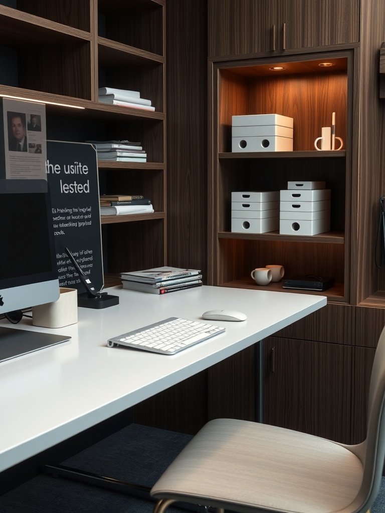 25 Smart Storage Solutions for a Stylish Home Office 5 A modern home office setup featuring a desk with an iMac, storage boxes on shelves, and a clean workspace.