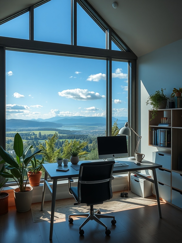 30 Inspiring Home Office Ideas for Remote Work Success 26 A modern home office with a large window offering a view of mountains and trees, featuring a desk, chair, and plants.