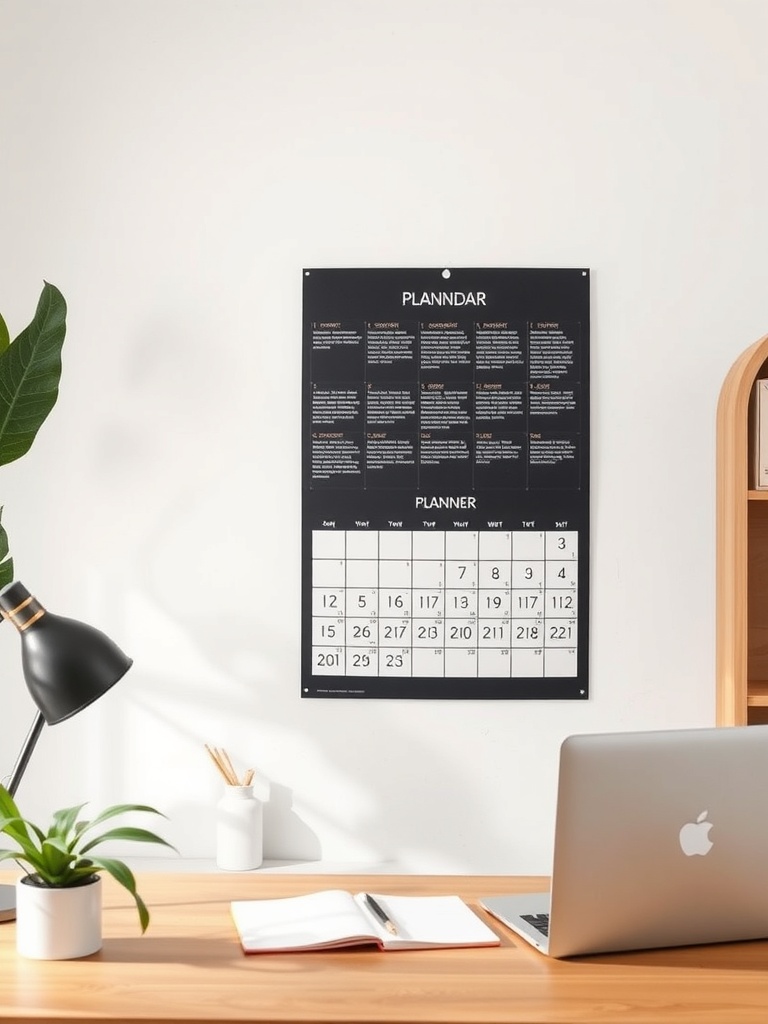 30 Inspiring Home Office Ideas for Remote Work Success 30 A modern home office setup featuring a wall calendar, laptop, and plant.