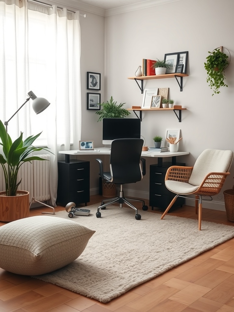 30 Inspiring Home Office Ideas for Remote Work Success 21 A cozy home office featuring a soft rug, desk, chair, and plants.