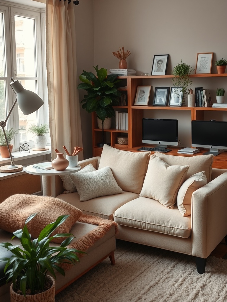 30 Inspiring Home Office Ideas for Remote Work Success 15 A cozy home office featuring a light-colored sofa with pillows, a side table, plants, and natural light from a window.