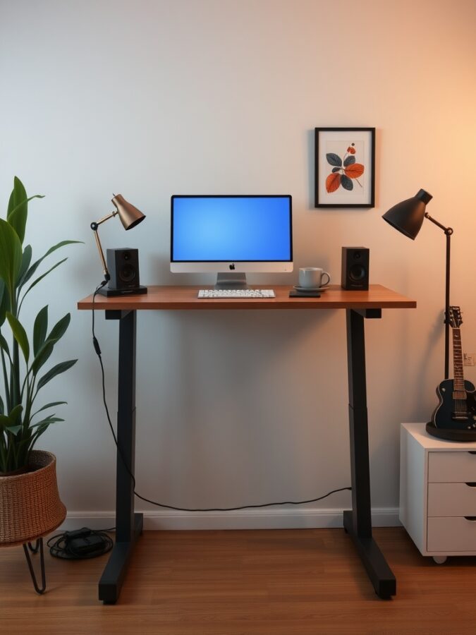 16 Inspiring Home Office Ideas for Enhanced Focus and Productivity 18 A modern standing desk setup with a computer, speakers, a coffee cup, and a plant.
