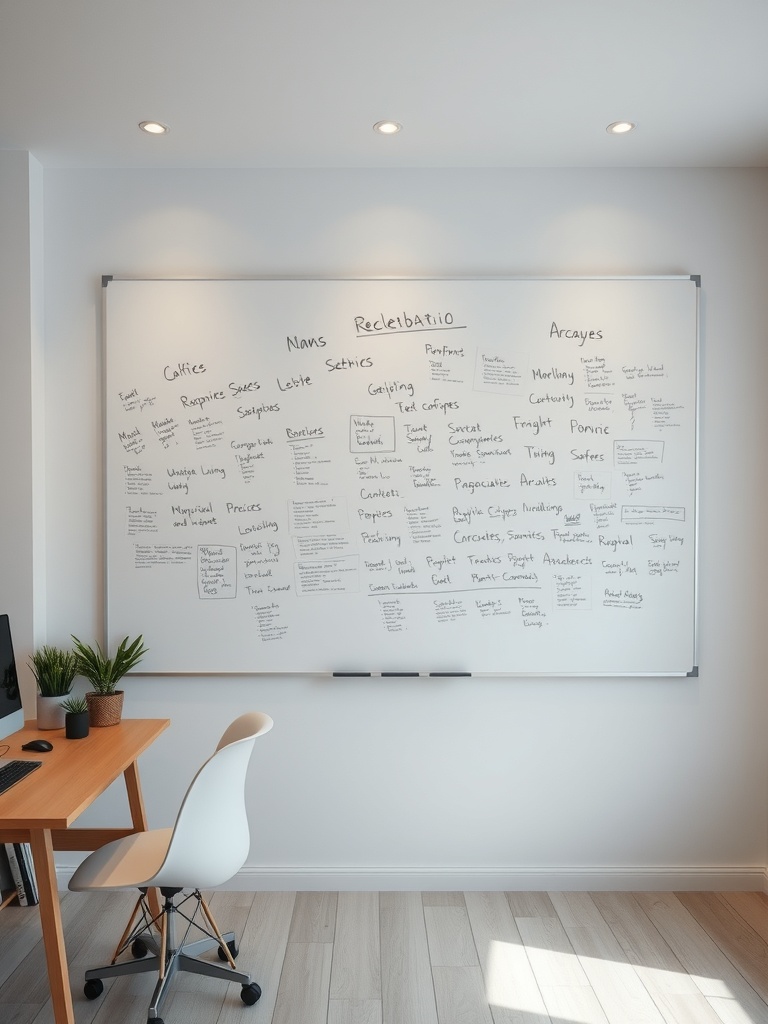 30 Inspiring Home Office Ideas for Remote Work Success 12 A home office featuring a whiteboard filled with notes and ideas, alongside a desk and chair.