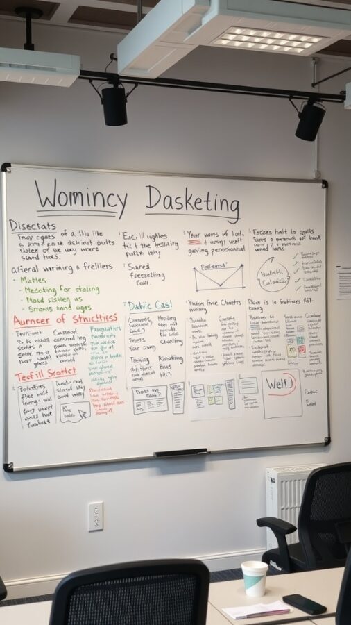 23 Creative Home Office Ideas for Shared Workspaces 23 A whiteboard filled with notes, diagrams, and colorful writing in a shared workspace.