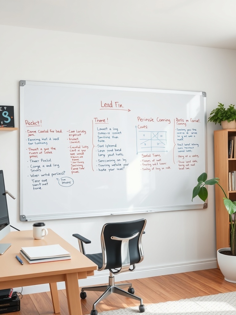 21 Creative DIY Ideas to Transform Your Home Office 18 A home office featuring a large whiteboard filled with notes and plans, a desk with a chair, and a plant in the corner.